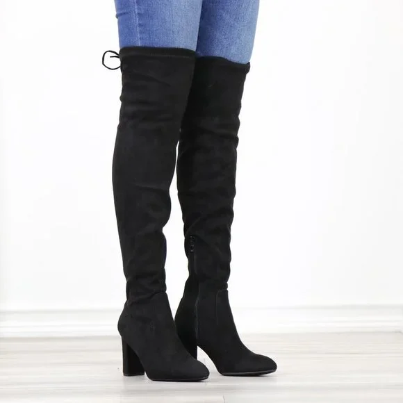 Black Thigh High Over The Knee Block High Heel Boots Pointy Toe Faux Suede - Picture 2 of 15